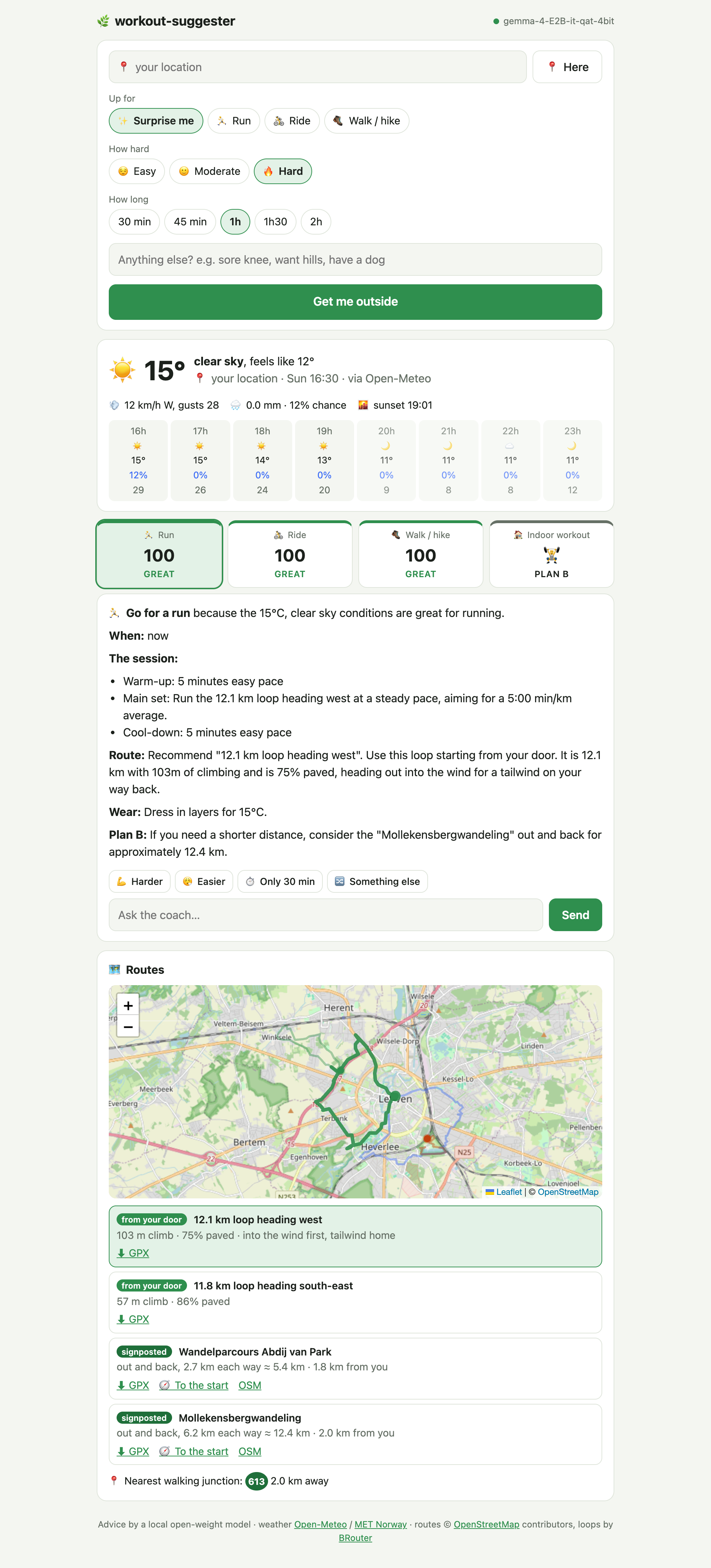 Desktop: weather, activity scores, the coach's plan and a route map
